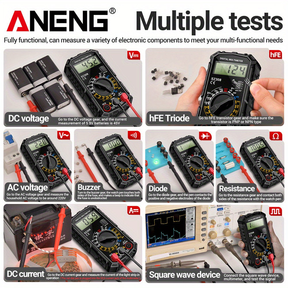 ANENG SZ308 is a high-precision digital multimeter with multifunctional AC-DC voltage, current, and resistance testing capabilities, and does not require batteries.