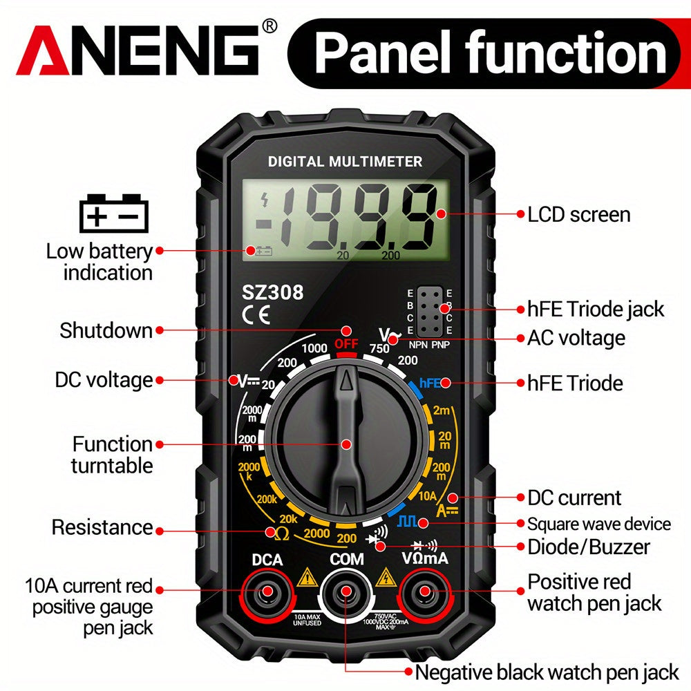 ANENG SZ308 is a high-precision digital multimeter with multifunctional AC-DC voltage, current, and resistance testing capabilities, and does not require batteries.