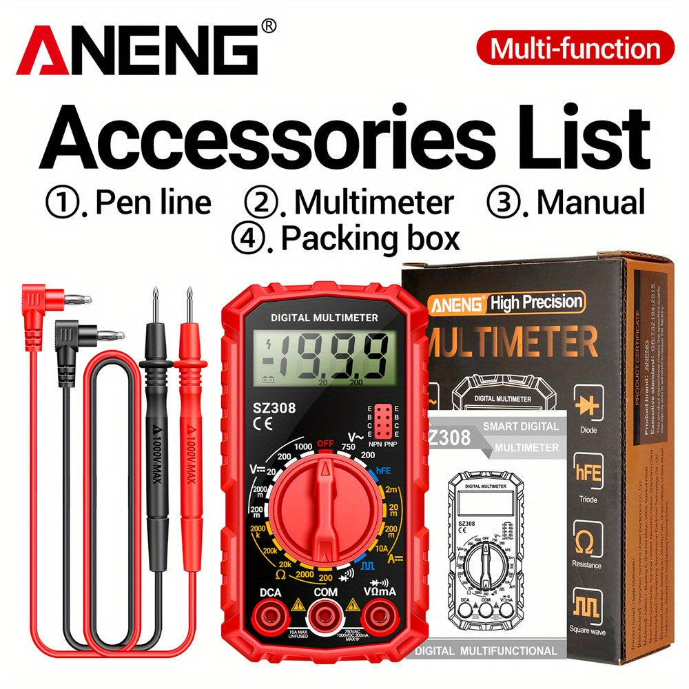 ANENG SZ308 is a high-precision digital multimeter with multifunctional AC-DC voltage, current, and resistance testing capabilities, and does not require batteries.