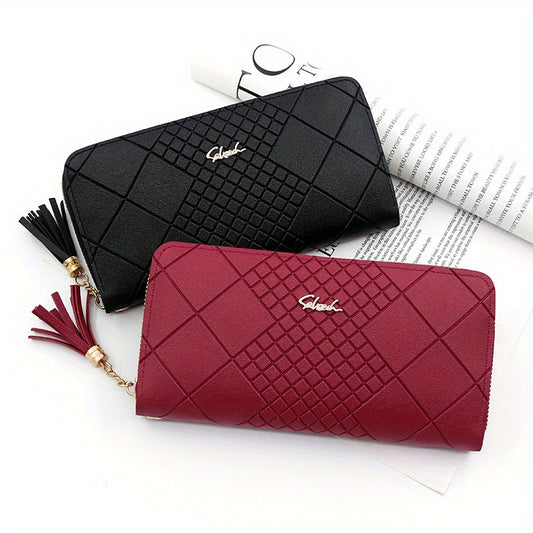 Red quilted long wallet with tassel detail and multiple compartments, zipper closure for secure everyday use.