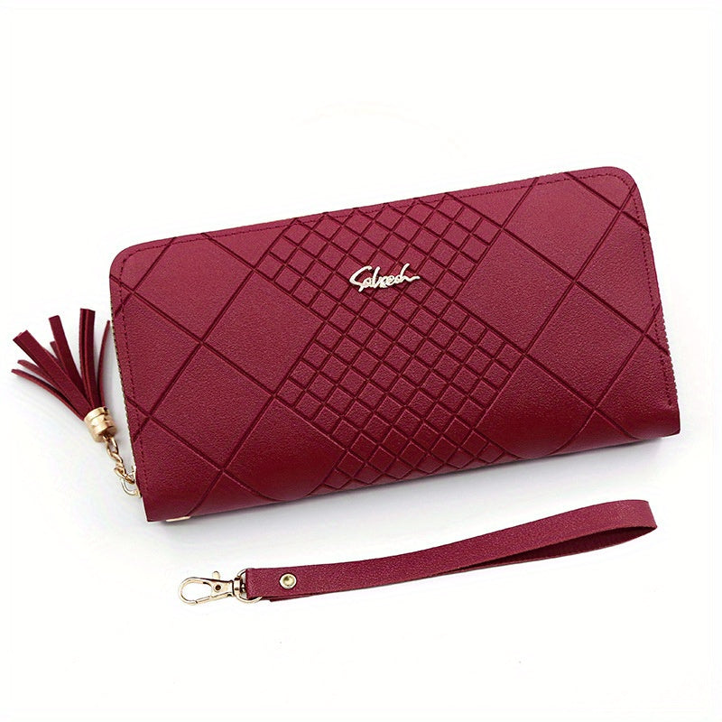 Red quilted long wallet with tassel detail and multiple compartments, zipper closure for secure everyday use.