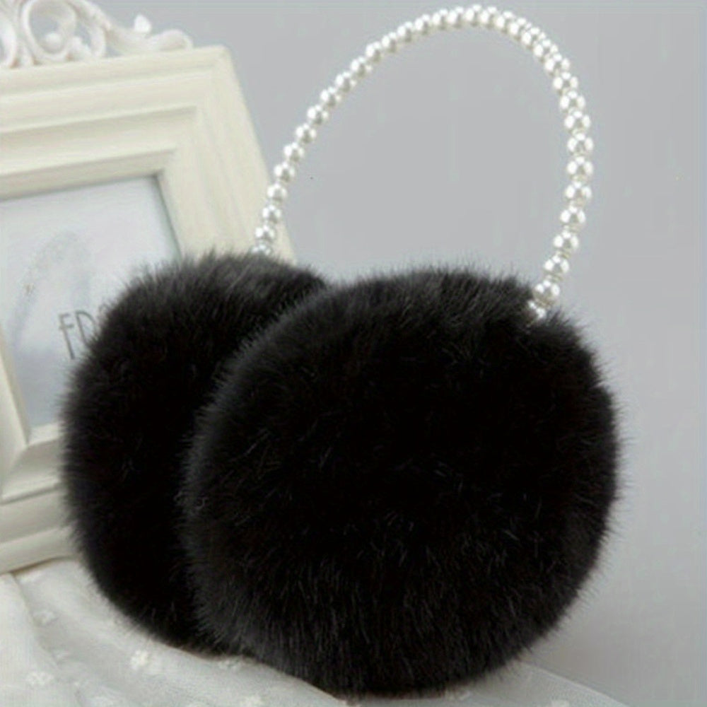 Winter Earmuffs for Women with Plush Fabric and Simulated Pearl Accents, Perfect for Parties or Everyday Fashion, Keep Warm Outdoors in Style.