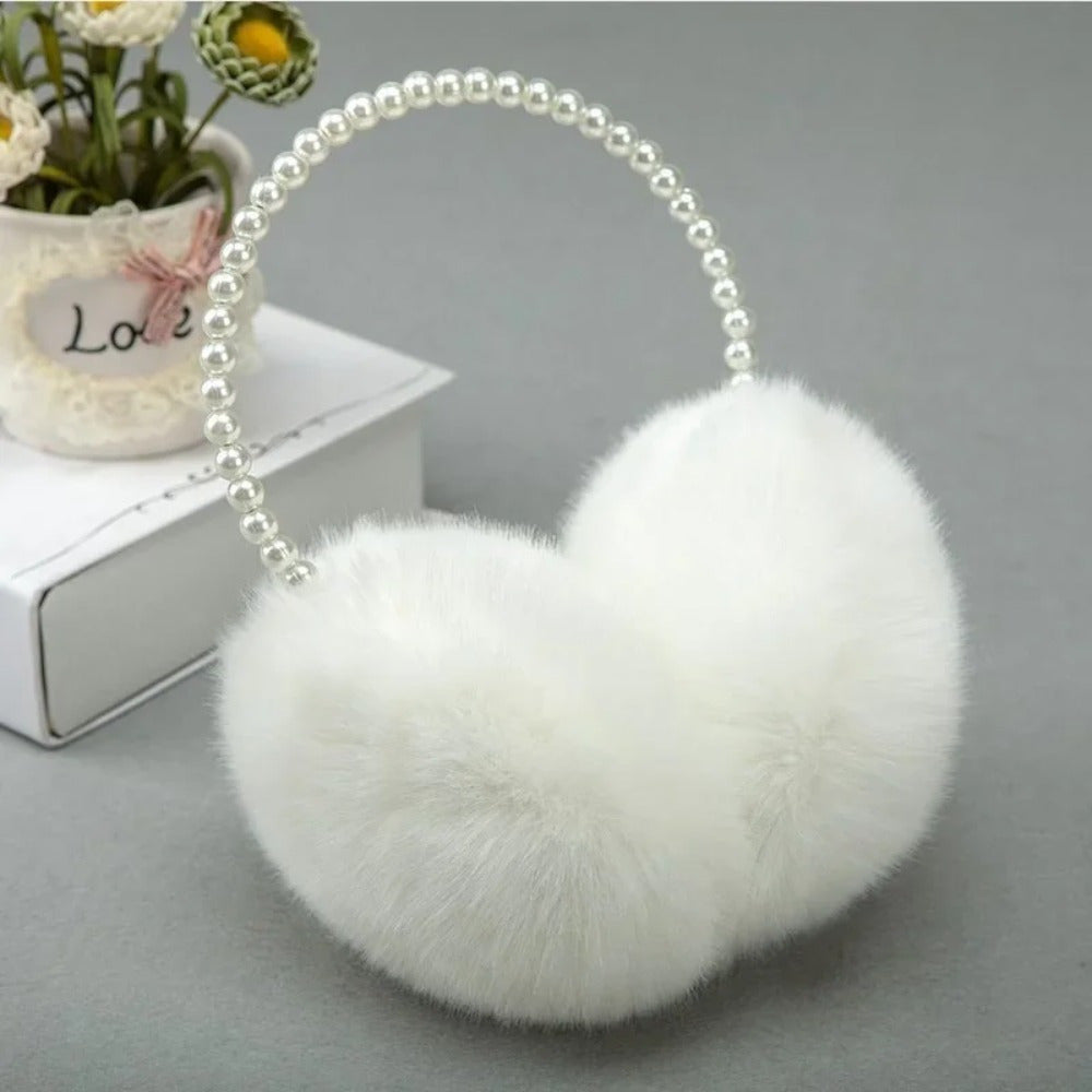 Winter Earmuffs for Women with Plush Fabric and Simulated Pearl Accents, Perfect for Parties or Everyday Fashion, Keep Warm Outdoors in Style.