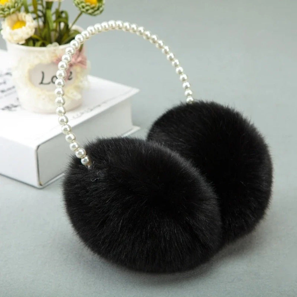 Winter Earmuffs for Women with Plush Fabric and Simulated Pearl Accents, Perfect for Parties or Everyday Fashion, Keep Warm Outdoors in Style.