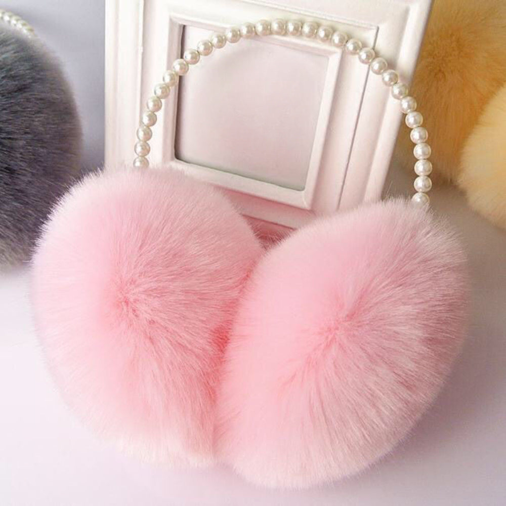 Winter Earmuffs for Women with Plush Fabric and Simulated Pearl Accents, Perfect for Parties or Everyday Fashion, Keep Warm Outdoors in Style.