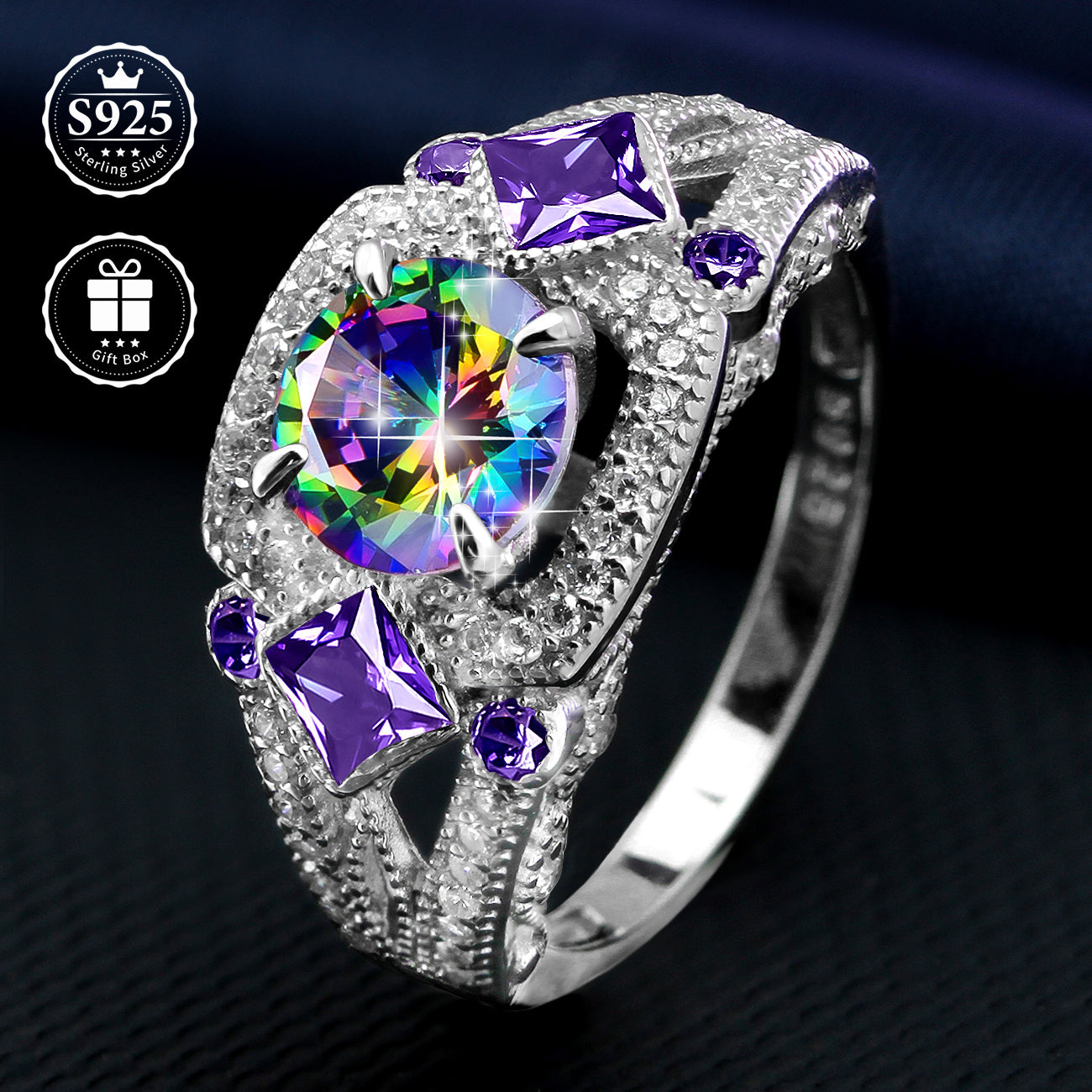 A stunning S925 Sterling Silver Ring with 24K Golden Plating, adorned with vibrant Multicolor Cubic Zirconia and Purple Gemstones - Perfect for Weddings, Parties, or as a Valentine's Day Gift. Includes a luxurious gift box, crafted with high-quality