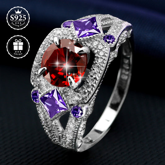 A stunning S925 Sterling Silver Ring with 24K Golden Plating, adorned with vibrant Multicolor Cubic Zirconia and Purple Gemstones - Perfect for Weddings, Parties, or as a Valentine's Day Gift. Includes a luxurious gift box, crafted with high-quality