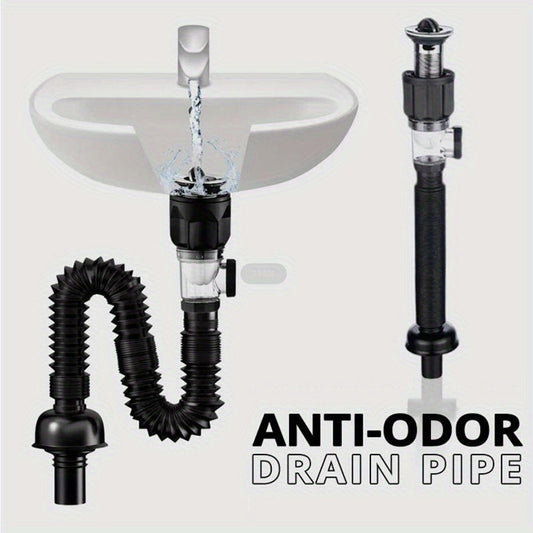 Durable and versatile retractable sink drain pipe made of PVC and stainless steel. Easy installation and odor-blocking for bathroom and kitchen use.