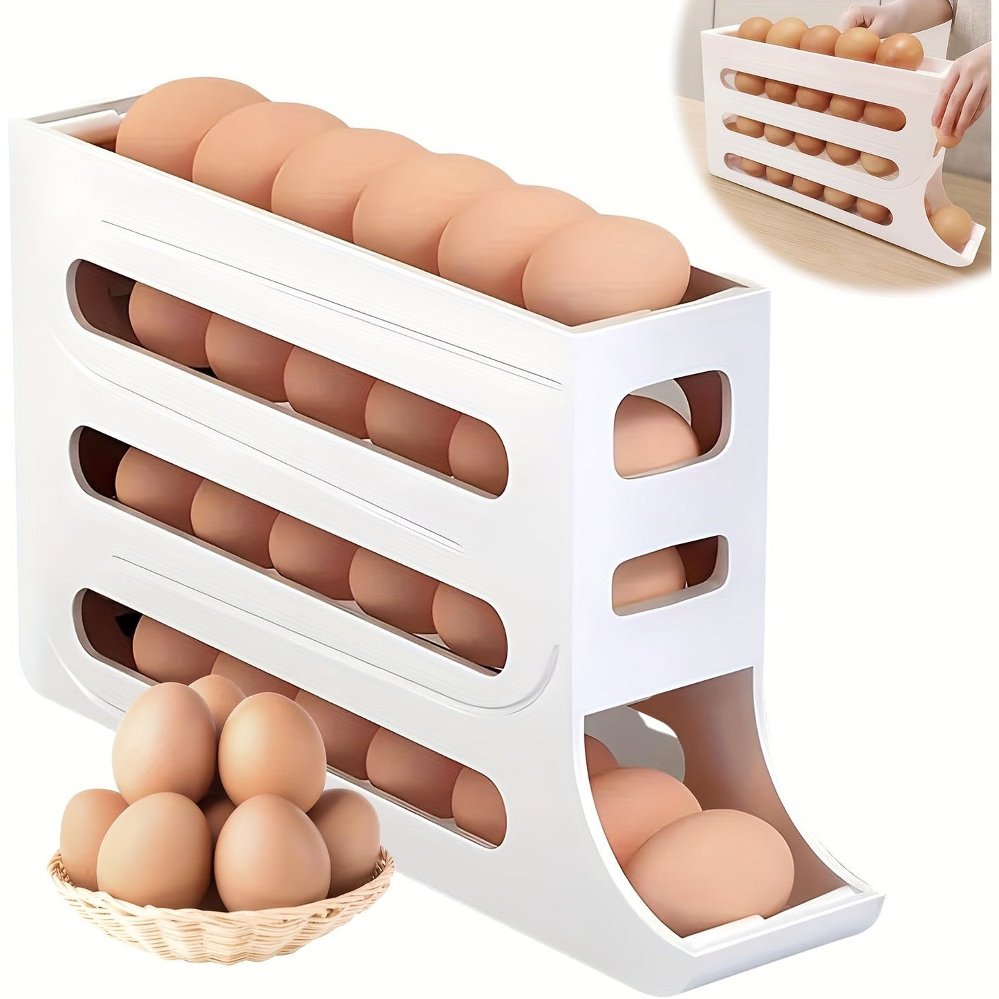 Refrigerator Egg Storage Organizer with 30-Egg Capacity - Convenient Auto-Rolling Egg Holder, Compact Kitchen Egg Dispenser Rack, 4-Tier Stackable Tray Container, Safe BPA-Free Egg Storage Solution for Food