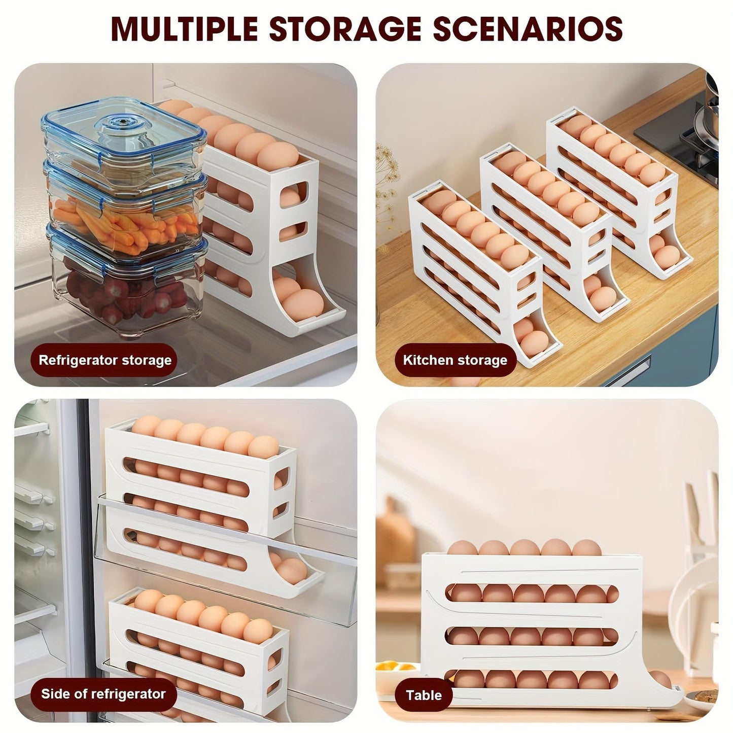 Refrigerator Egg Storage Organizer with 30-Egg Capacity - Convenient Auto-Rolling Egg Holder, Compact Kitchen Egg Dispenser Rack, 4-Tier Stackable Tray Container, Safe BPA-Free Egg Storage Solution for Food