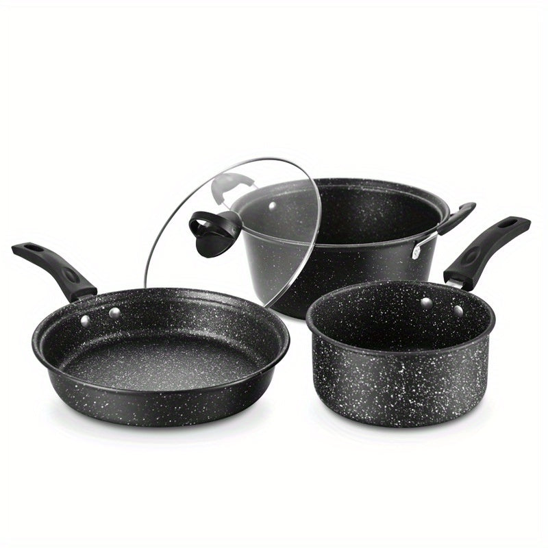 Set of 3 Maifan Stone Non-Stick Cookware - Includes Cast Iron Wok, Soup Pot, and Frying Pan - Perfect for Kitchen and Dining