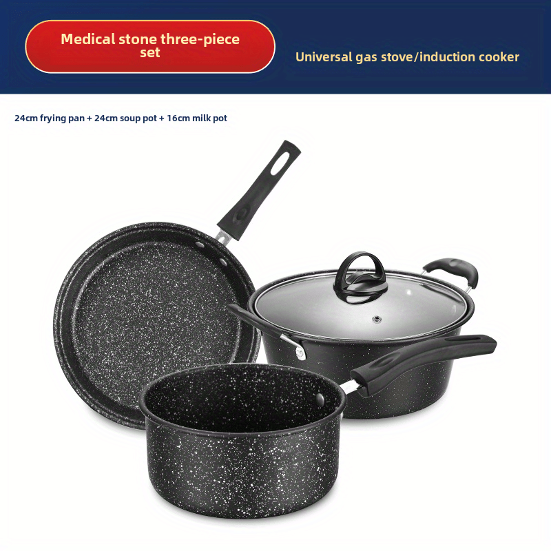 Set of 3 Maifan Stone Non-Stick Cookware - Includes Cast Iron Wok, Soup Pot, and Frying Pan - Perfect for Kitchen and Dining