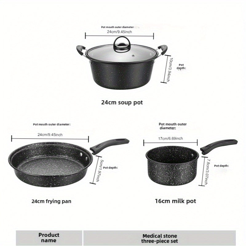 Set of 3 Maifan Stone Non-Stick Cookware - Includes Cast Iron Wok, Soup Pot, and Frying Pan - Perfect for Kitchen and Dining