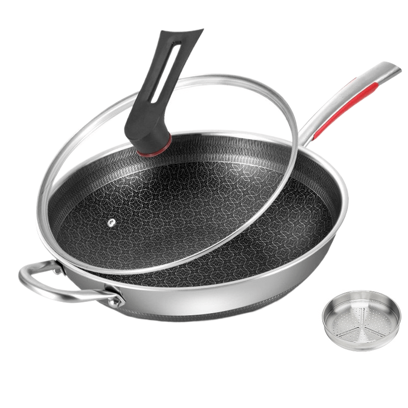 Tri-Ply Frying Pan with Glass Lid made from 316L Stainless Steel, Smokeless, Suitable for 3-8 Stovetops, Features Dual-Sided Design for Effortless Cooking