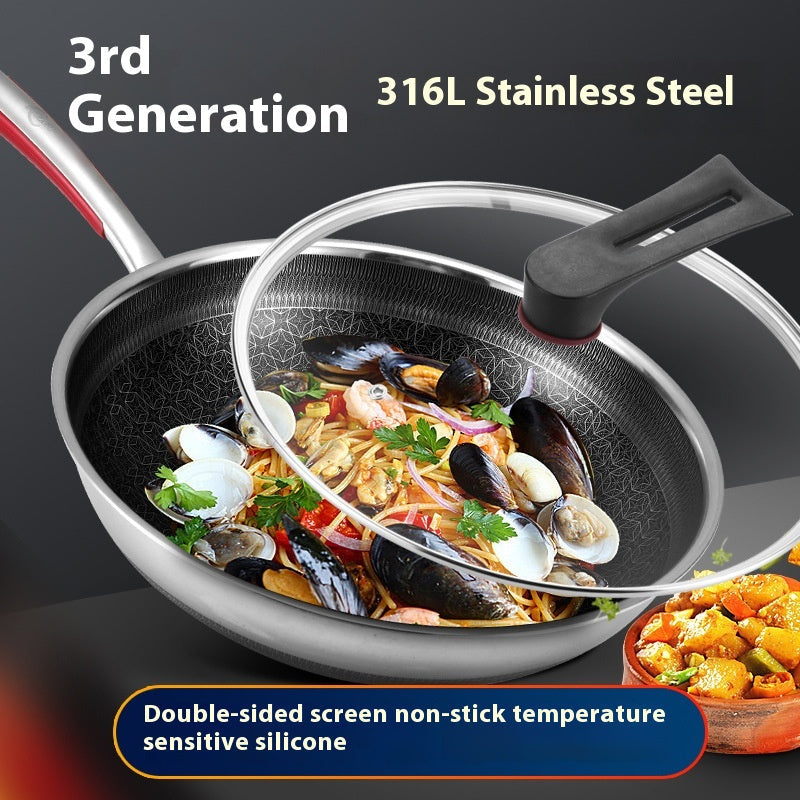 Tri-Ply Frying Pan with Glass Lid made from 316L Stainless Steel, Smokeless, Suitable for 3-8 Stovetops, Features Dual-Sided Design for Effortless Cooking