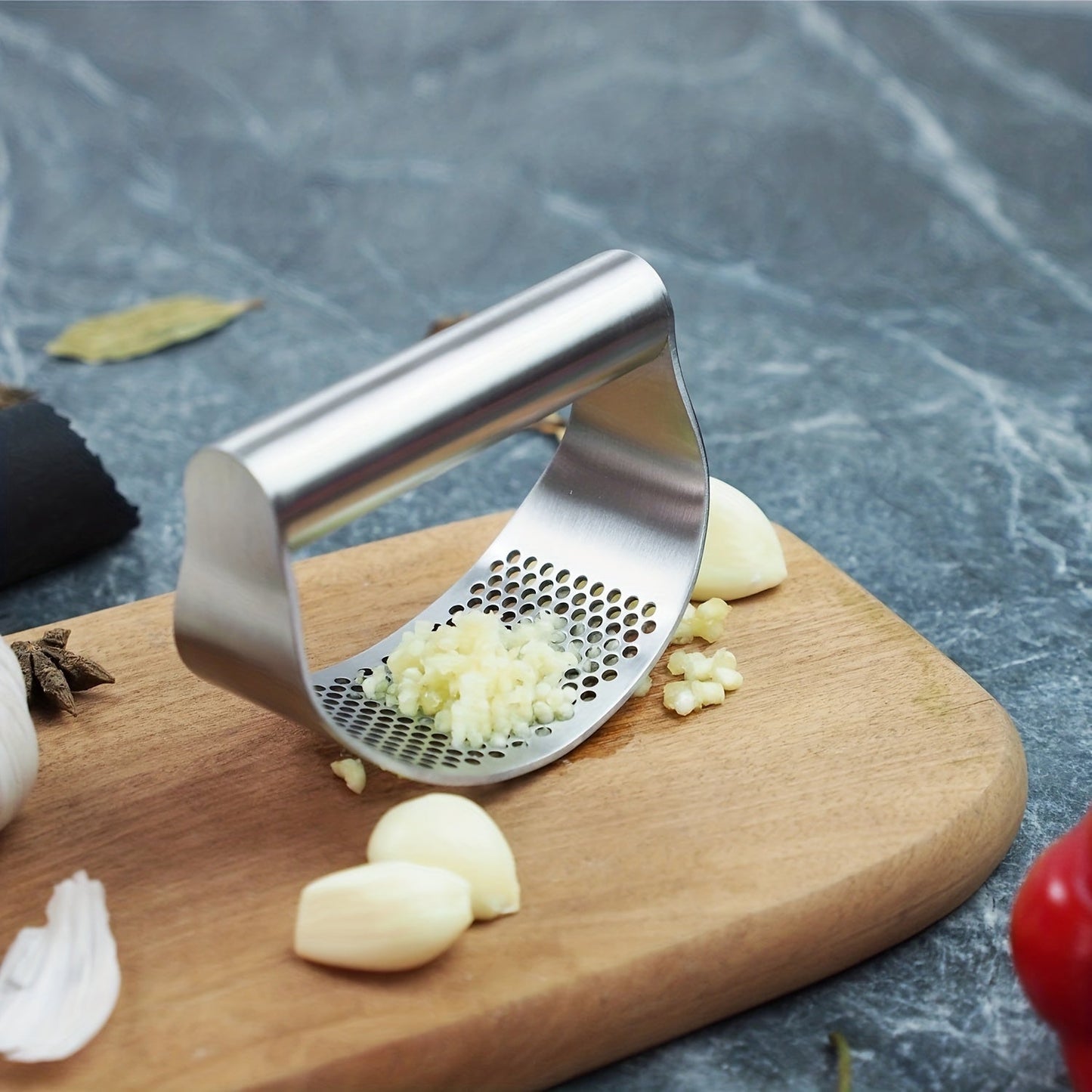 Kitchen Use -Ergonomic Rocker Design, Stainless Steel Garlic Press for Easy Cleaning and Safe Food Mincing