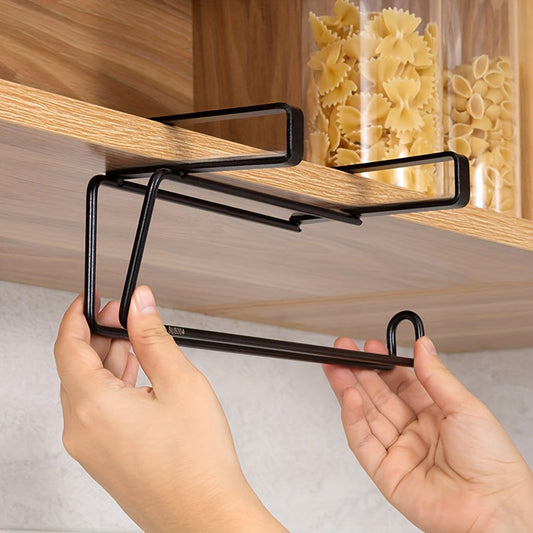 This Carbon Steel Multi-Functional Storage Rack mounts to the wall in the kitchen or bathroom without the need for drilling. It is ideal for organizing tissue and plastic wrap, offering convenient storage and easy access.