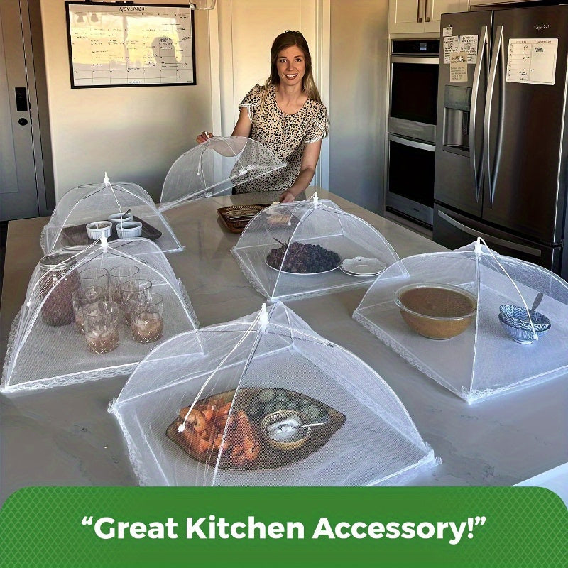 Mesh food cover that serves as a versatile tool for restaurants, food trucks, and buffets, doubling as a table protector and serving platter.