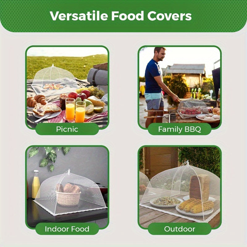 Mesh food cover that serves as a versatile tool for restaurants, food trucks, and buffets, doubling as a table protector and serving platter.