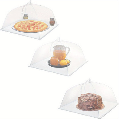 Mesh food cover that serves as a versatile tool for restaurants, food trucks, and buffets, doubling as a table protector and serving platter.