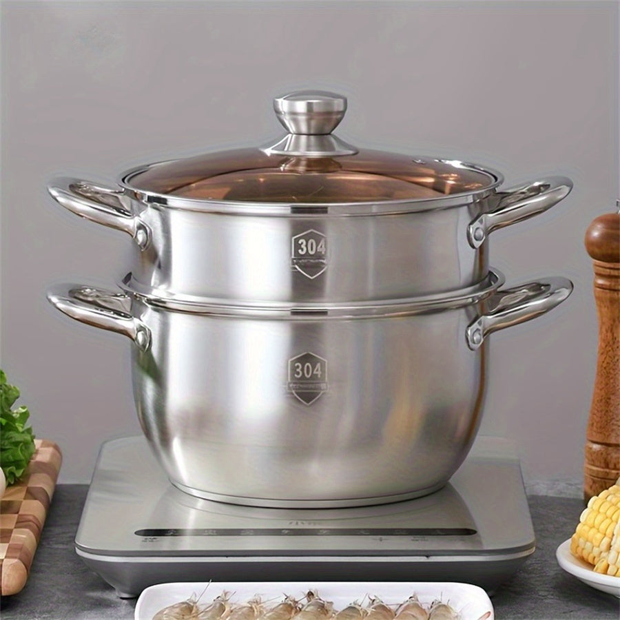 3-piece Stainless Steel Cookware Set - Multi-functional Steamer and Soup Pot Featuring a Double-Layer Design for Effortless Cooking and Serving