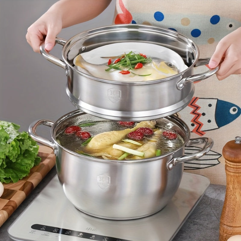 3-piece Stainless Steel Cookware Set - Multi-functional Steamer and Soup Pot Featuring a Double-Layer Design for Effortless Cooking and Serving