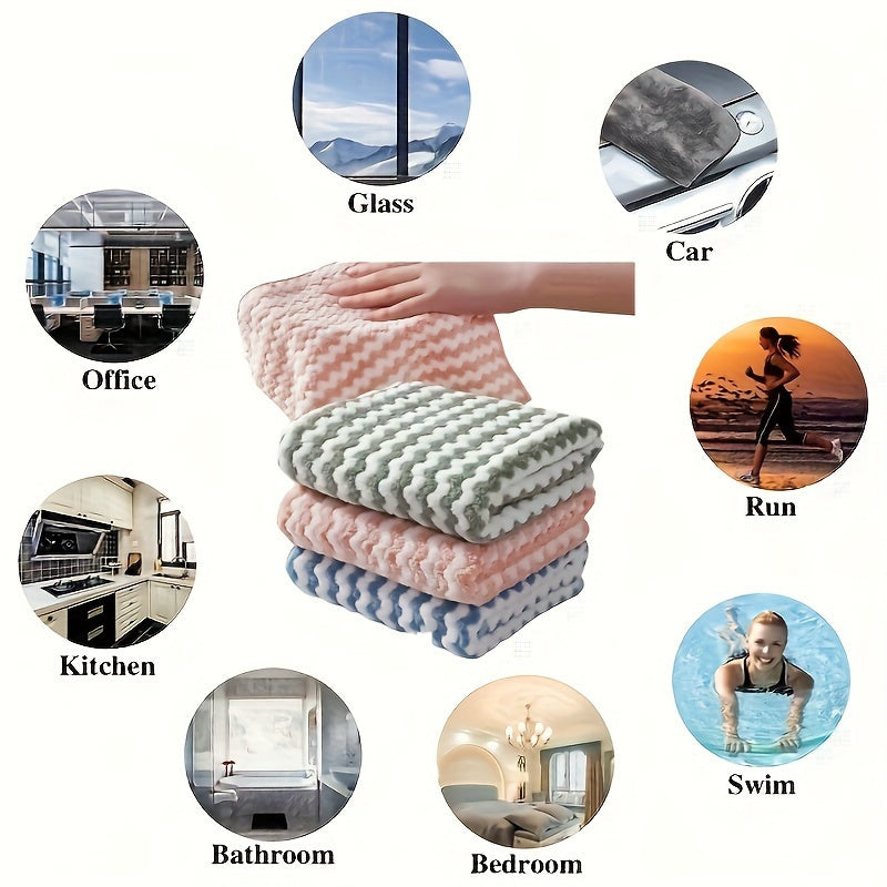 Five-pack of microfiber dish cloths that are ultra-soft and resistant to fading. They are super absorbent and quick-drying, and can be easily washed in the machine. Made from woven knit fabric, they are perfect for cleaning in the kitchen, patio, car