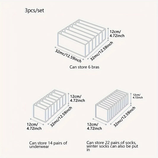 Набор из трех тканевых коробок для хранения нижнего белья, идеально подходящих для организации вашей домашней одежды без необходимости в электричестве. Эти разделители для ящиков шкафа идеально подходят для хранения носок, бюстгальтеров и трусиков.