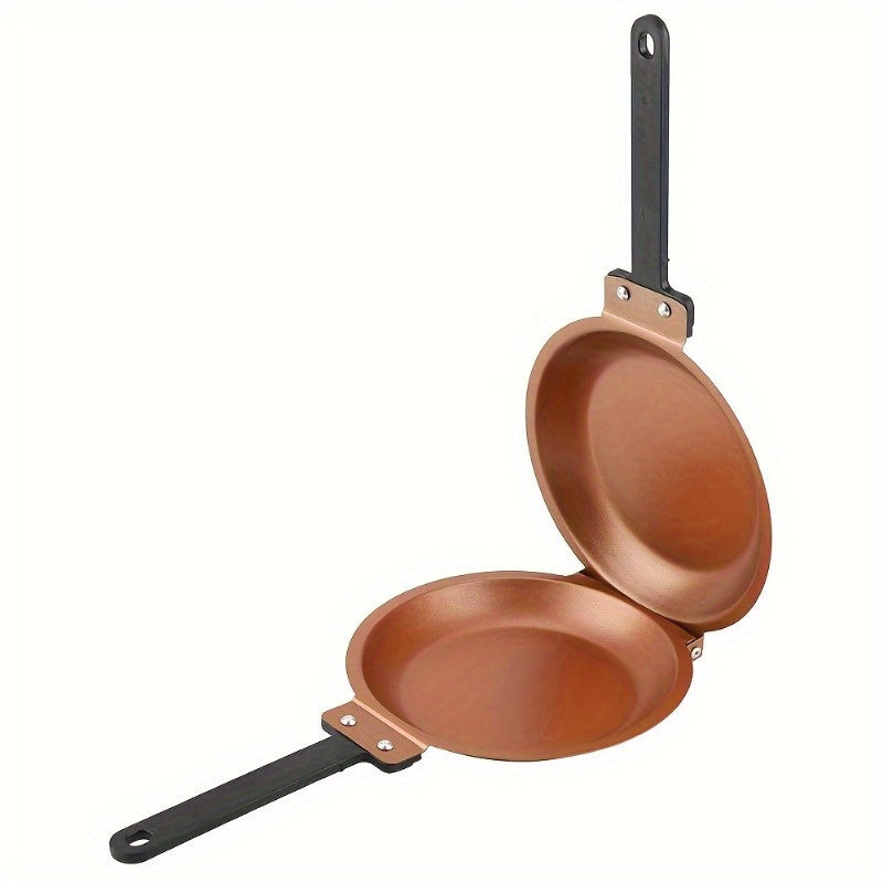 This omelet pan is made of durable stainless steel, with a non-stick coating on both sides for easy flipping. It has a stainless handle for easy handling and is easy to clean. This pan is perfect for making breakfast and can be washed by hand.