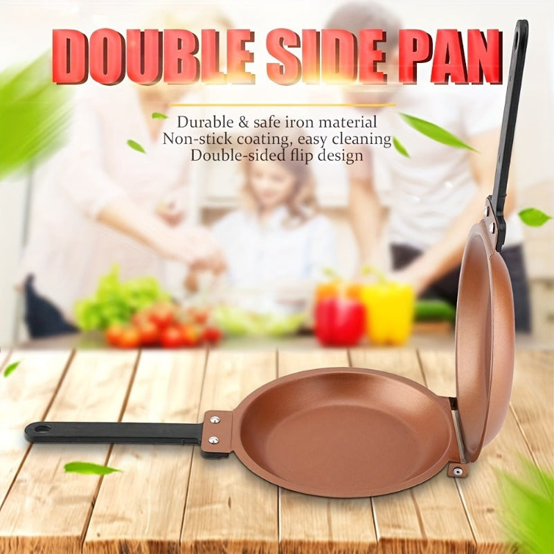 This omelet pan is made of durable stainless steel, with a non-stick coating on both sides for easy flipping. It has a stainless handle for easy handling and is easy to clean. This pan is perfect for making breakfast and can be washed by hand.