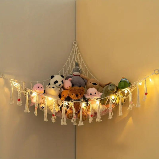 Triangle Toy Net: Hand-Woven Rope Hammock for Wall Corner Storage, Perfect for Stuffed Animals and Toys in Bedroom Organization