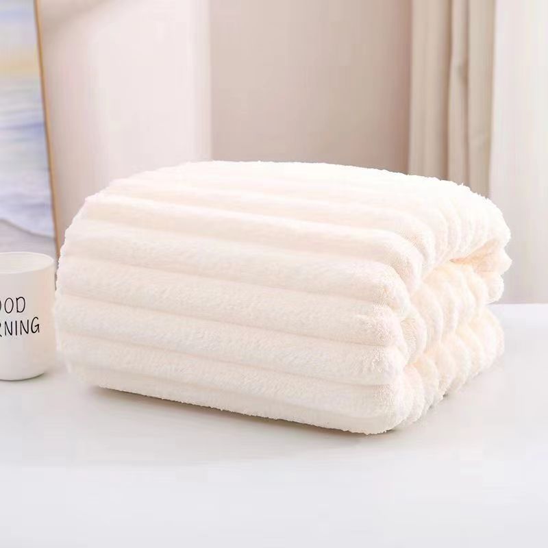 Soft coral fleece hand towel with striped design, 270 GSM, highly absorbent and lint-free for adults.