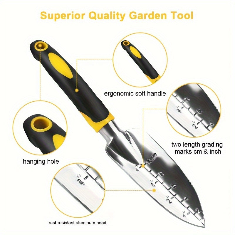 High-quality premium aluminum alloy gardening tool set includes a large round shovel, scale shovel, and trident rake, all with comfort grip handles for easy digging and transplanting. Packaged in a bubble bag for protection during shipping.