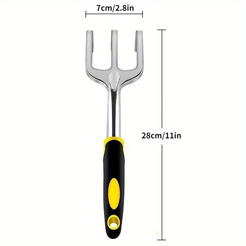 High-quality premium aluminum alloy gardening tool set includes a large round shovel, scale shovel, and trident rake, all with comfort grip handles for easy digging and transplanting. Packaged in a bubble bag for protection during shipping.