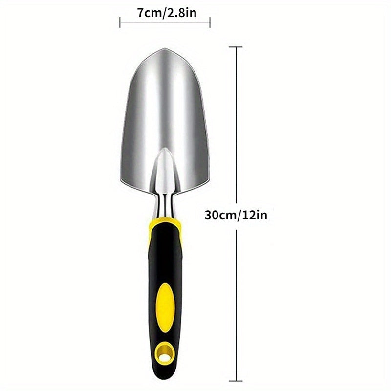 High-quality premium aluminum alloy gardening tool set includes a large round shovel, scale shovel, and trident rake, all with comfort grip handles for easy digging and transplanting. Packaged in a bubble bag for protection during shipping.