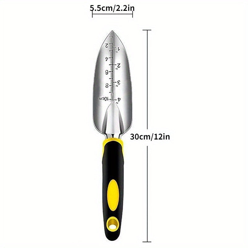 High-quality premium aluminum alloy gardening tool set includes a large round shovel, scale shovel, and trident rake, all with comfort grip handles for easy digging and transplanting. Packaged in a bubble bag for protection during shipping.