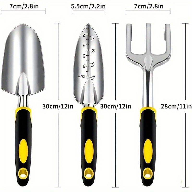 High-quality premium aluminum alloy gardening tool set includes a large round shovel, scale shovel, and trident rake, all with comfort grip handles for easy digging and transplanting. Packaged in a bubble bag for protection during shipping.