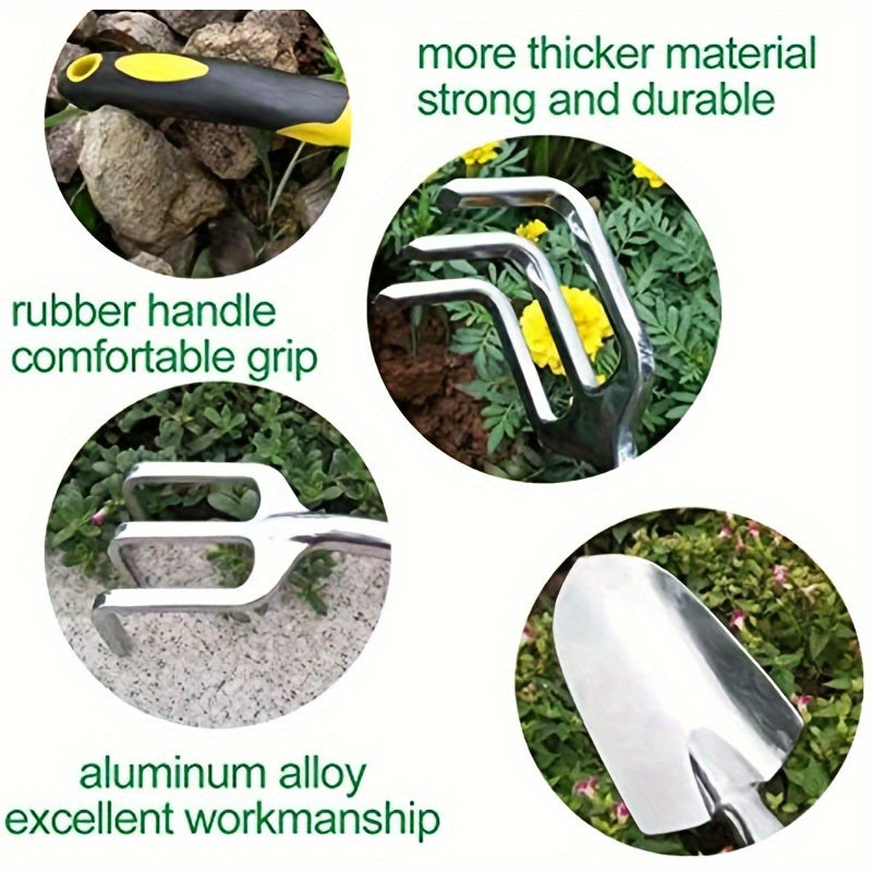 High-quality premium aluminum alloy gardening tool set includes a large round shovel, scale shovel, and trident rake, all with comfort grip handles for easy digging and transplanting. Packaged in a bubble bag for protection during shipping.