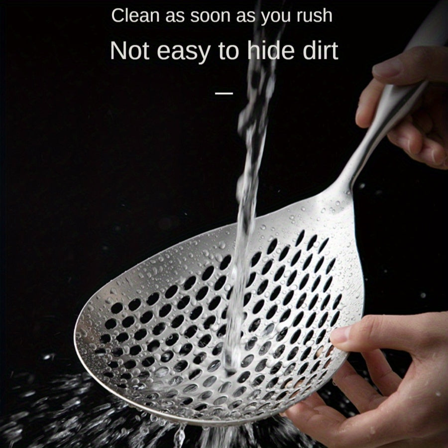 Stainless Steel Skimmer Spoon, Large Perforated Strainer for Frying & Cooking, Kitchen Tool for Noodles & Fried Food, Seamless One-Piece Design, Dishwasher Safe, SUS304 Material.