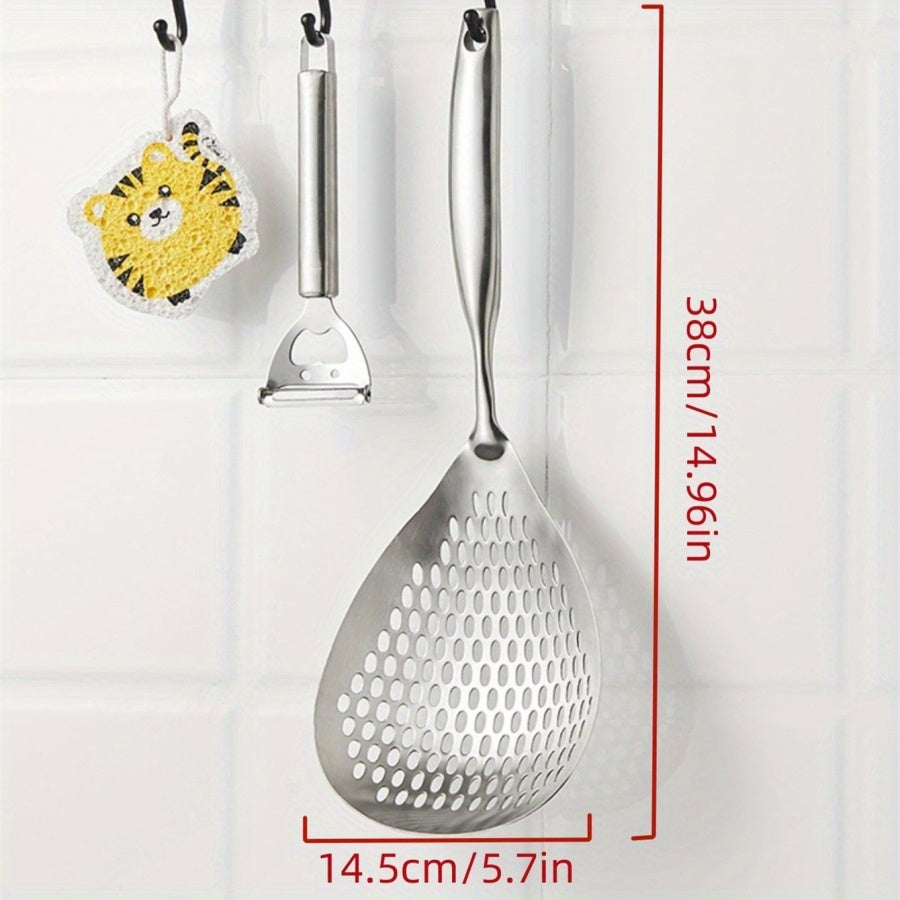 Stainless Steel Skimmer Spoon, Large Perforated Strainer for Frying & Cooking, Kitchen Tool for Noodles & Fried Food, Seamless One-Piece Design, Dishwasher Safe, SUS304 Material.