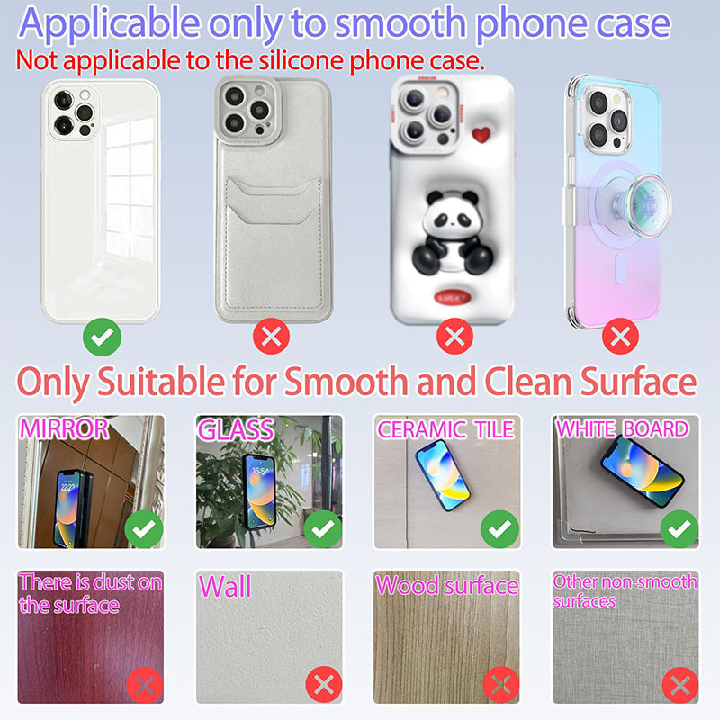 Multi-functional silicone phone grip with strong double-sided suction cup for iPhone and Android, perfect for selfies and videos.