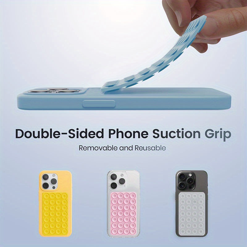 Multi-functional silicone phone grip with strong double-sided suction cup for iPhone and Android, perfect for selfies and videos.