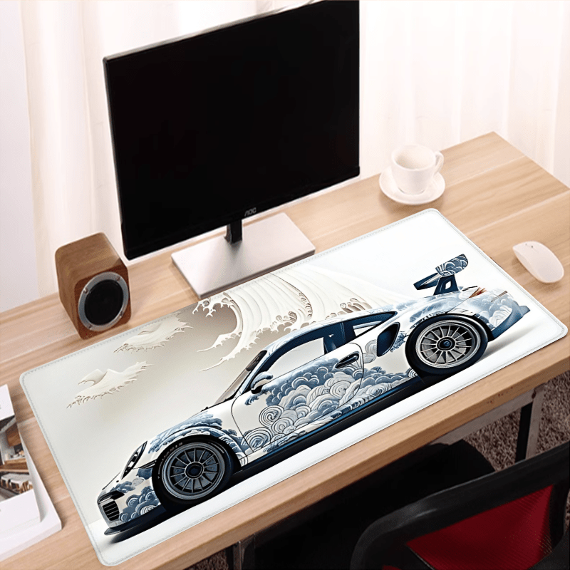 Large Ocean Wave Racing Car Mouse Pad for gaming and office use; measures 89.92x39.88 cm with non-slip rubber base.