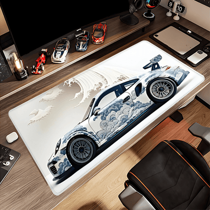 Large Ocean Wave Racing Car Mouse Pad for gaming and office use; measures 89.92x39.88 cm with non-slip rubber base.