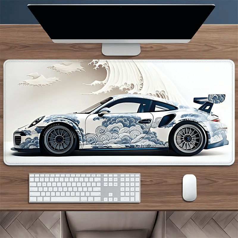 Large Ocean Wave Racing Car Mouse Pad for gaming and office use; measures 89.92x39.88 cm with non-slip rubber base.