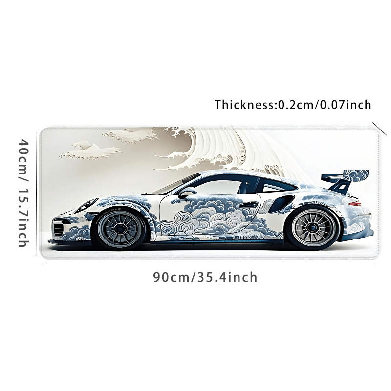 Large Ocean Wave Racing Car Mouse Pad for gaming and office use; measures 89.92x39.88 cm with non-slip rubber base.