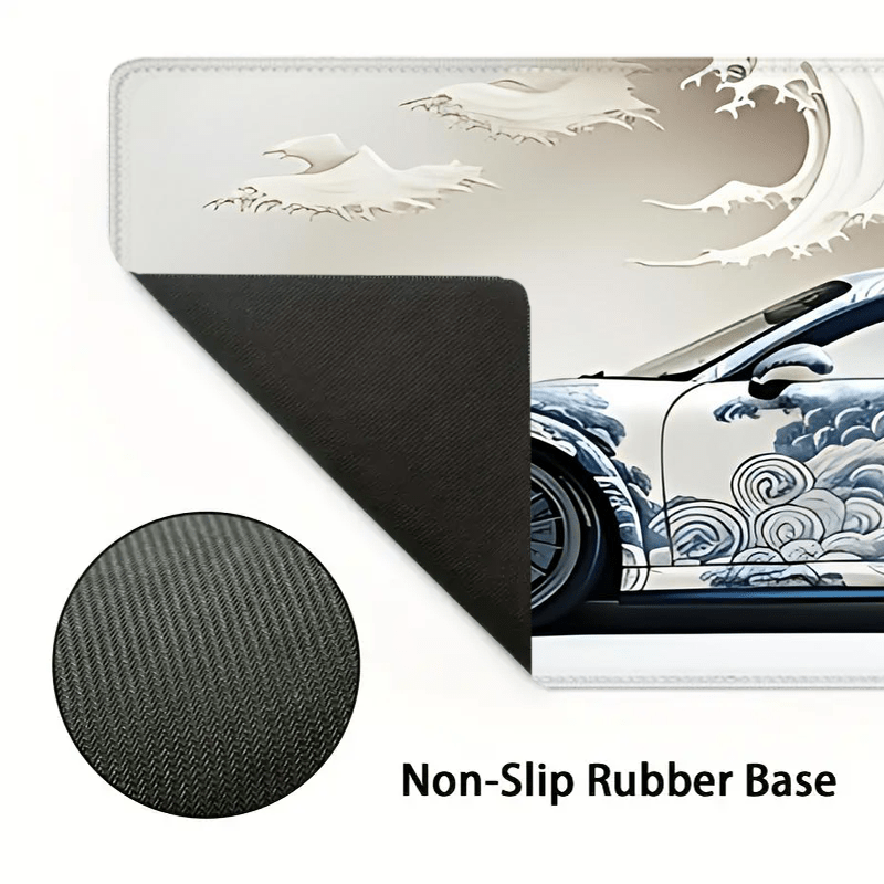 Large Ocean Wave Racing Car Mouse Pad for gaming and office use; measures 89.92x39.88 cm with non-slip rubber base.