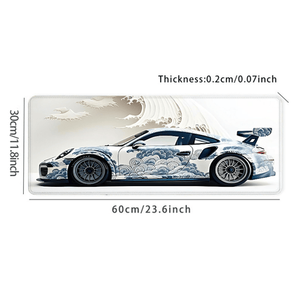 Large Ocean Wave Racing Car Mouse Pad for gaming and office use; measures 89.92x39.88 cm with non-slip rubber base.