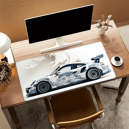 Large Ocean Wave Racing Car Mouse Pad for gaming and office use; measures 89.92x39.88 cm with non-slip rubber base.