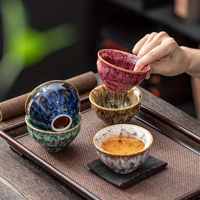 5-piece handmade ceramic tea set in traditional kiln glazed Jianzhan style, perfect for business gifts.